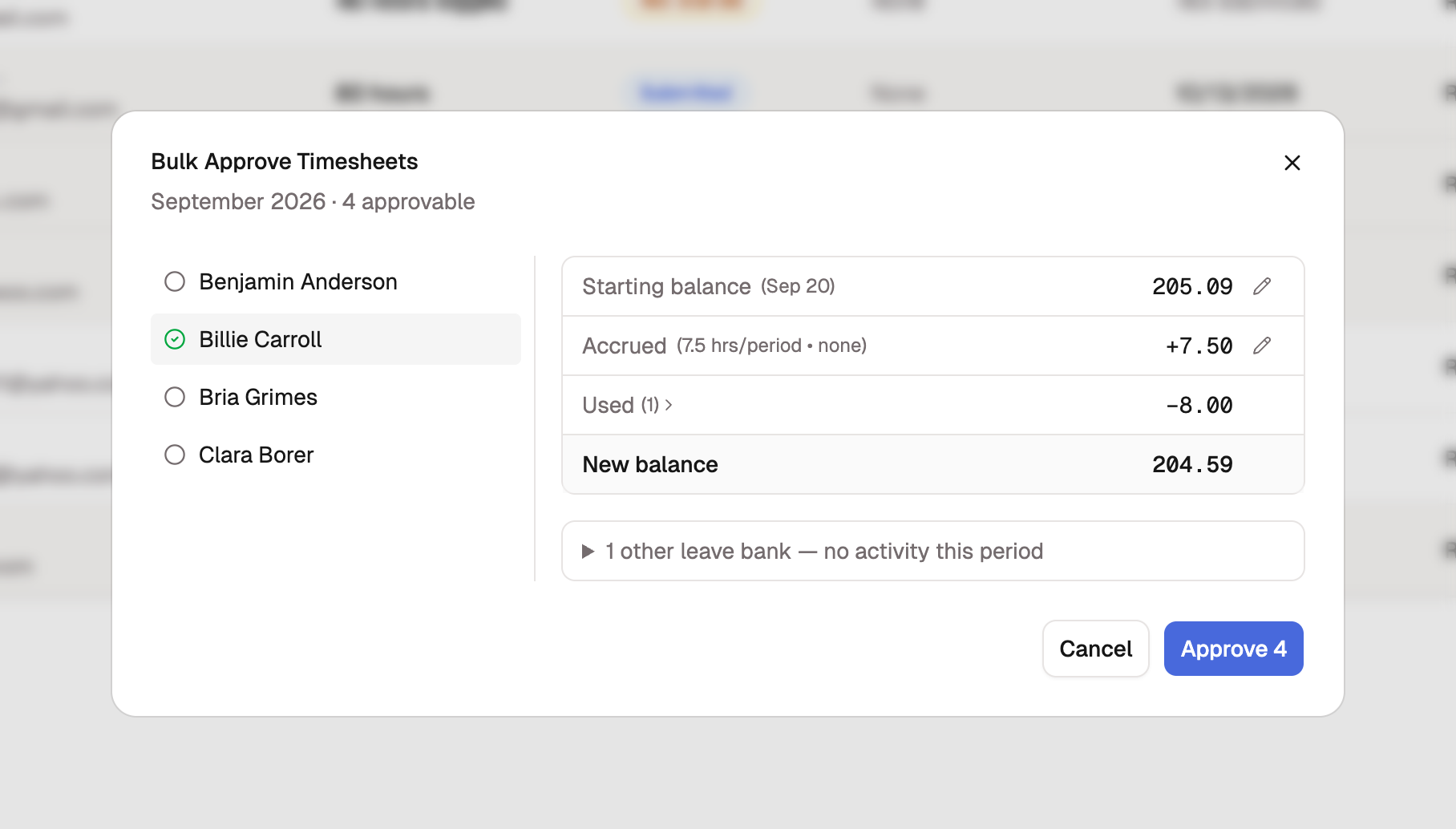 The Bulk Approve Timesheets dialog with four members listed on the left and one member's checkpoint open: starting balance, accrued, used, and new balance.