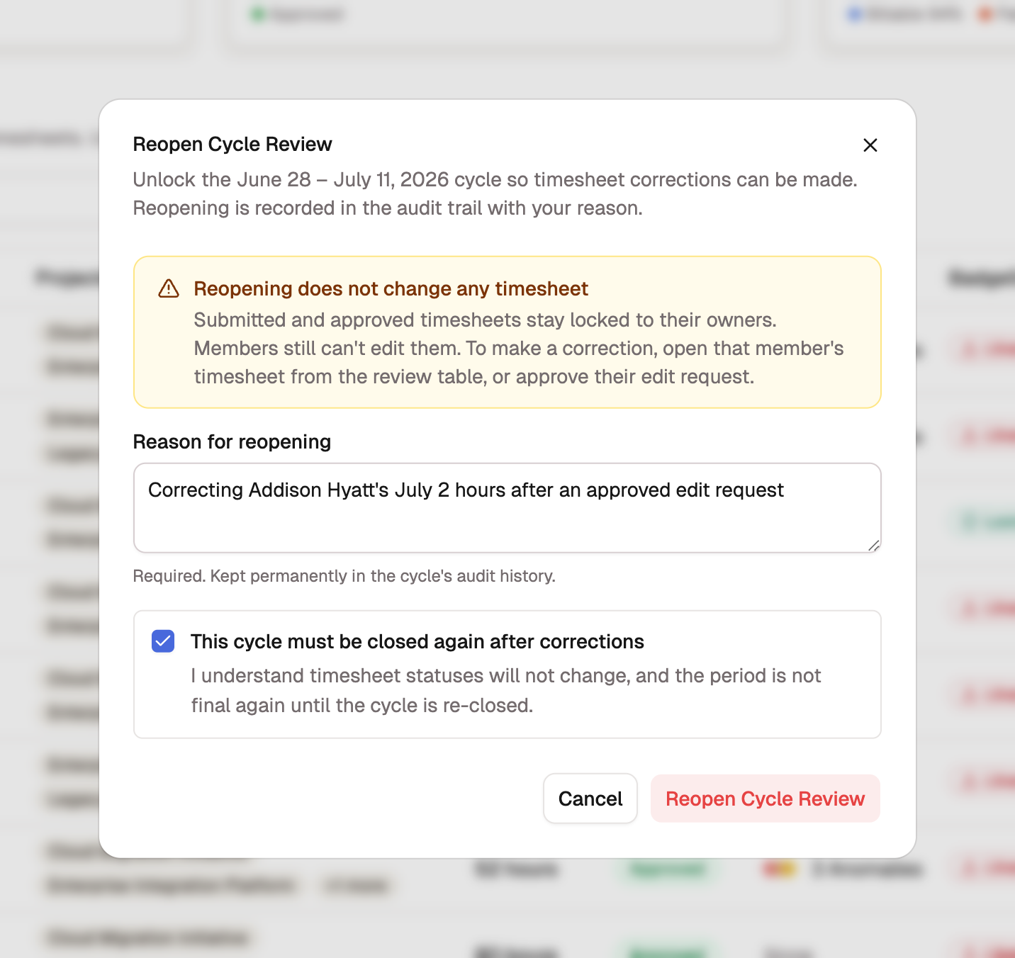 The Reopen Cycle Review dialog with a reason field and the acknowledgment checkboxes.