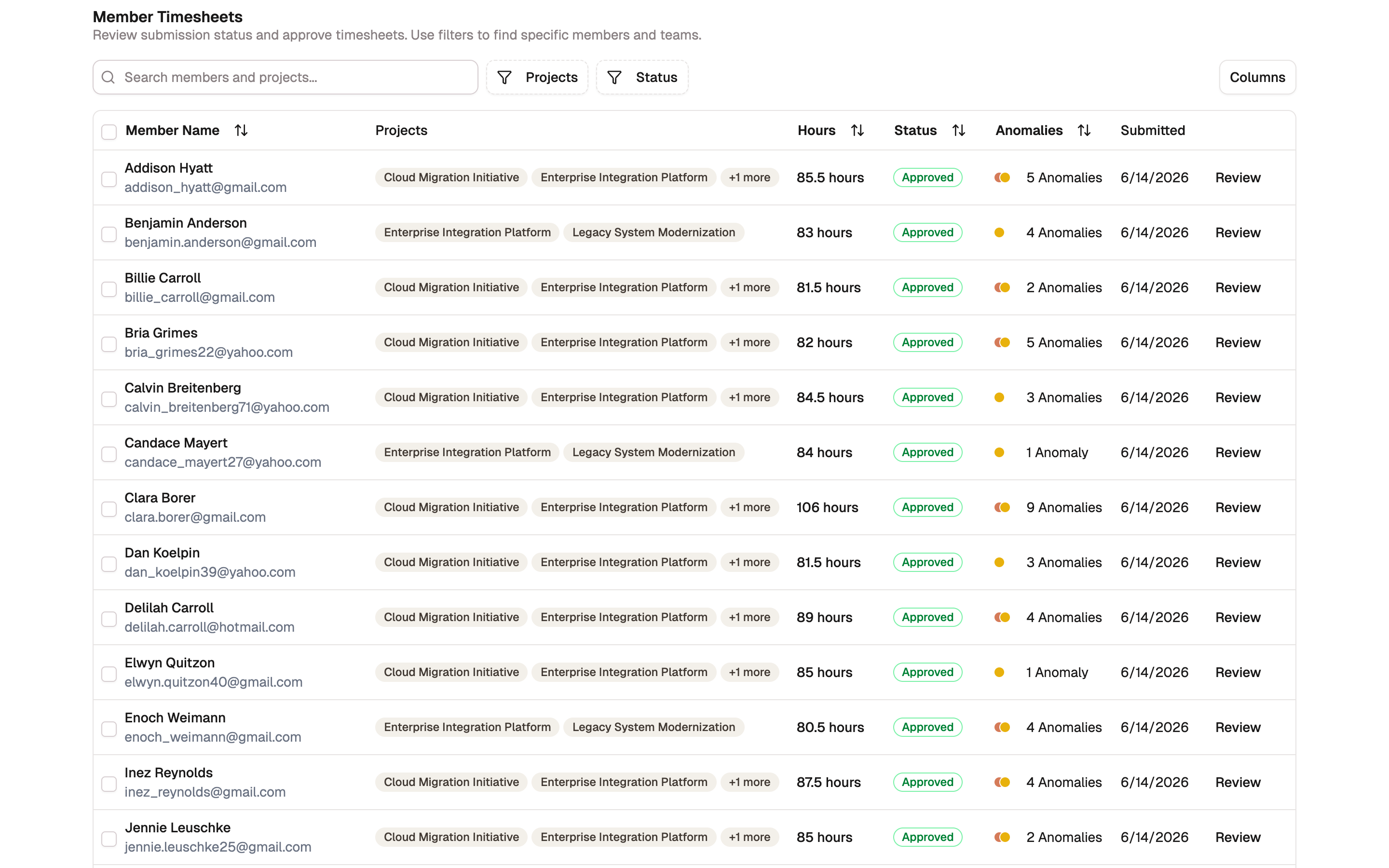 A cycle review queue: a table of members with their status, hours logged, and a per-row count of flagged anomalies.