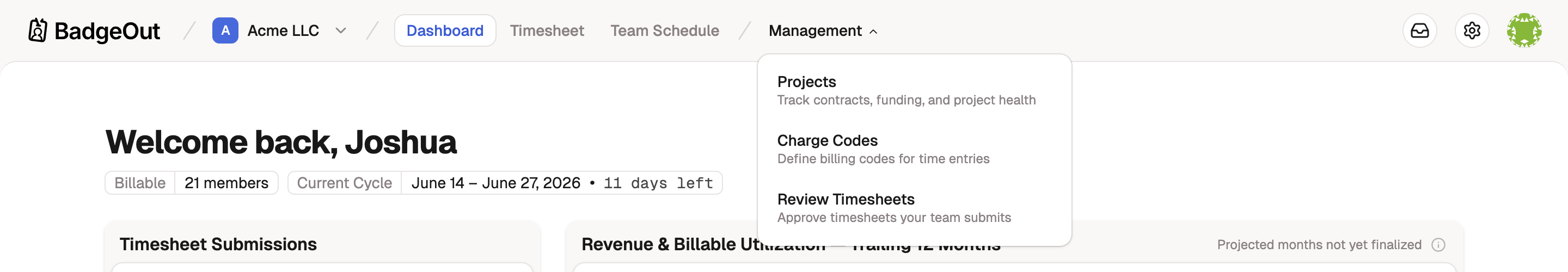 Top navigation bar with the Management menu open, showing Projects, Charge Codes, and Review Timesheets.