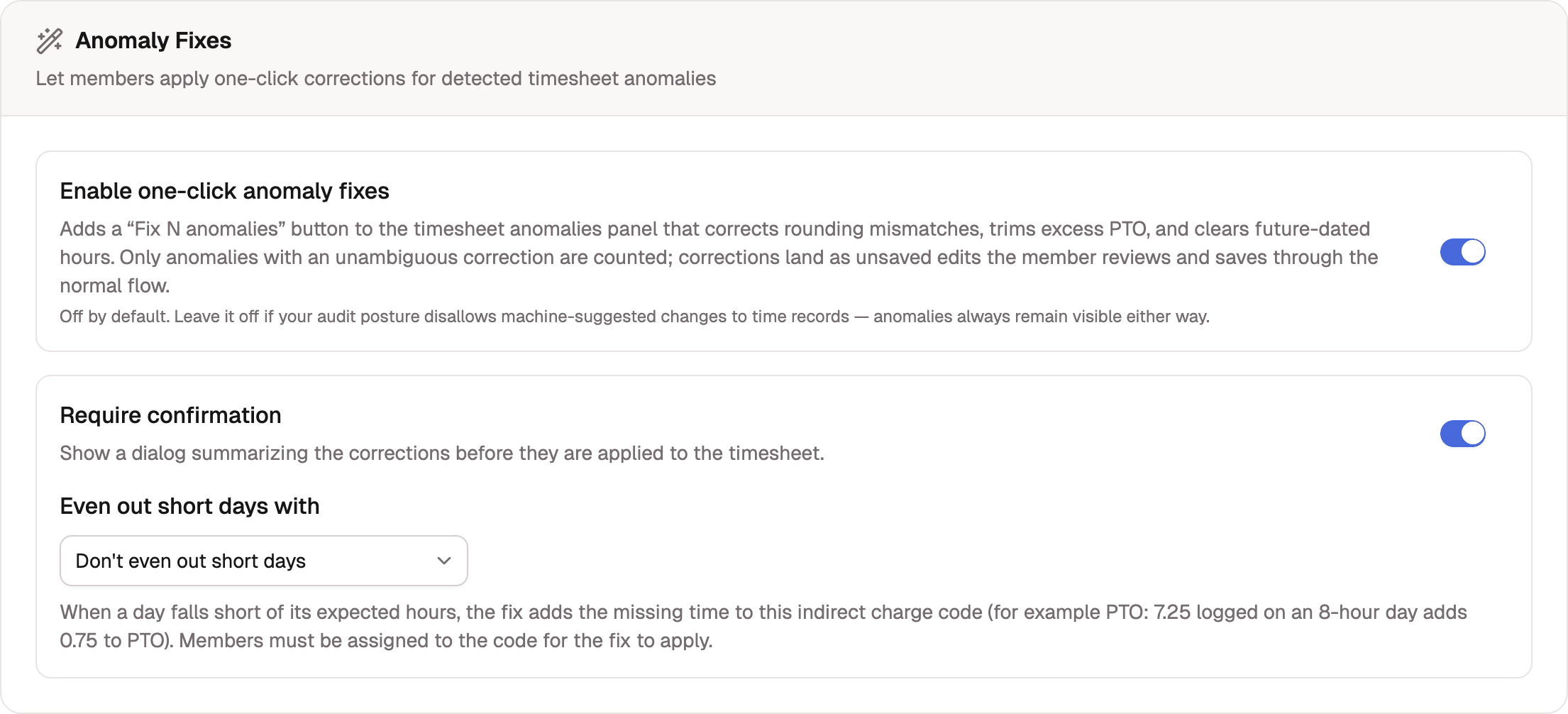 The Anomaly Fixes settings card with the enable toggle on, Require confirmation, and the Even out short days with picker.