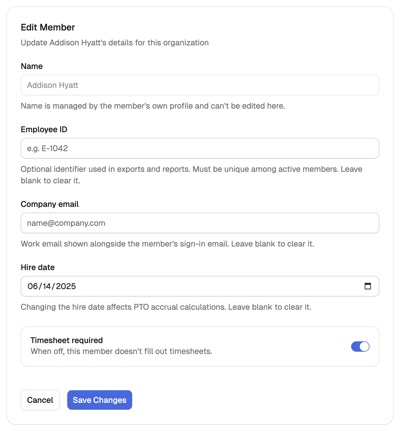 The Edit Member page with Name, Employee ID, Company email, Hire date, and a Timesheet required toggle.