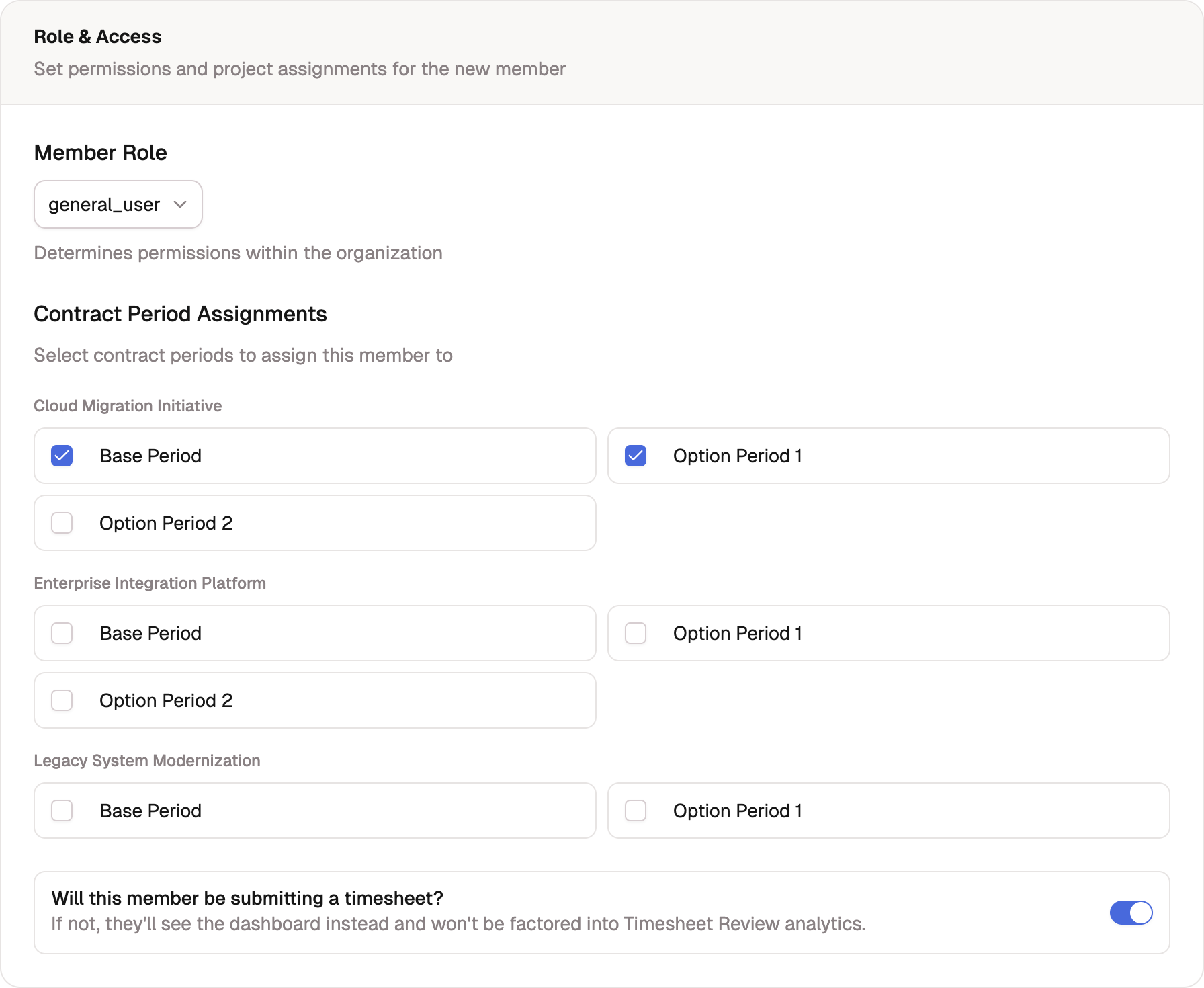 The Role and Access section with the Member Role dropdown and contract assignments.
