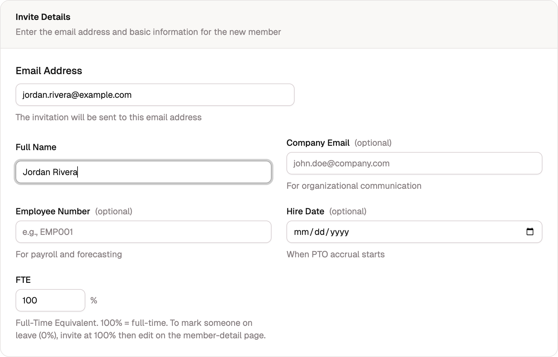 The Single Member invite form with Email Address, Full Name, and FTE fields.