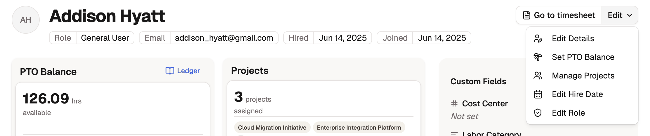 The Edit menu on a member's page listing Edit Details, Set PTO Balance, Manage Projects, Edit Hire Date, and Edit Role.