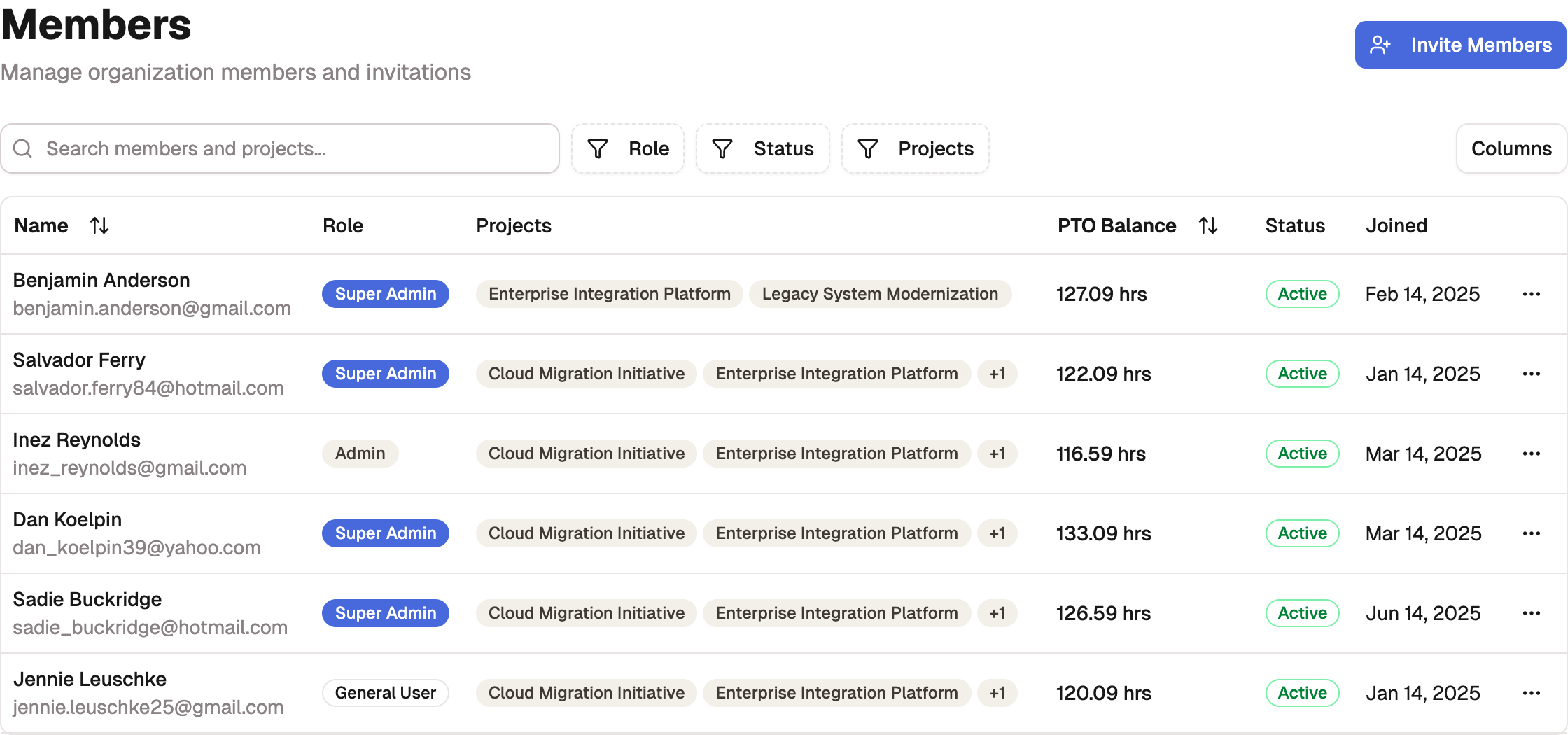 The Members settings page: the member roster with a filter toolbar and an Invite Members button.