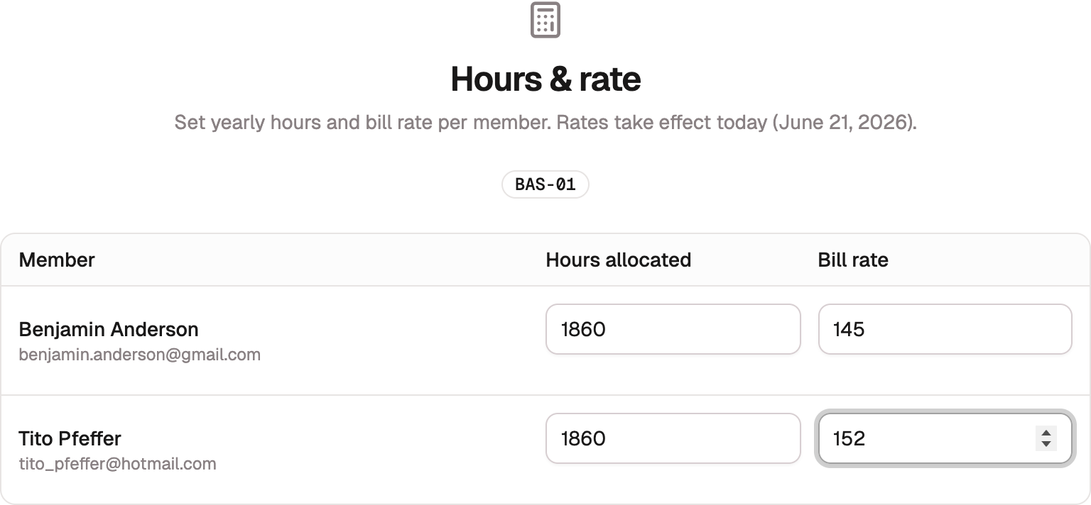 The Add Members hours and rate step: charge code BAS-01 with a row per member for hours allocated and bill rate.