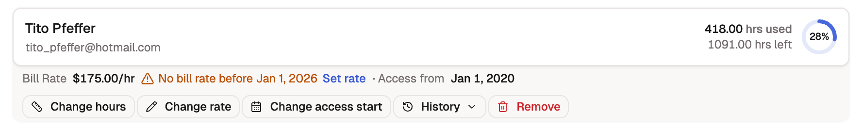 An assignment card with a No bill rate before Jan 1, 2026 warning and a Set rate link beside the bill rate.