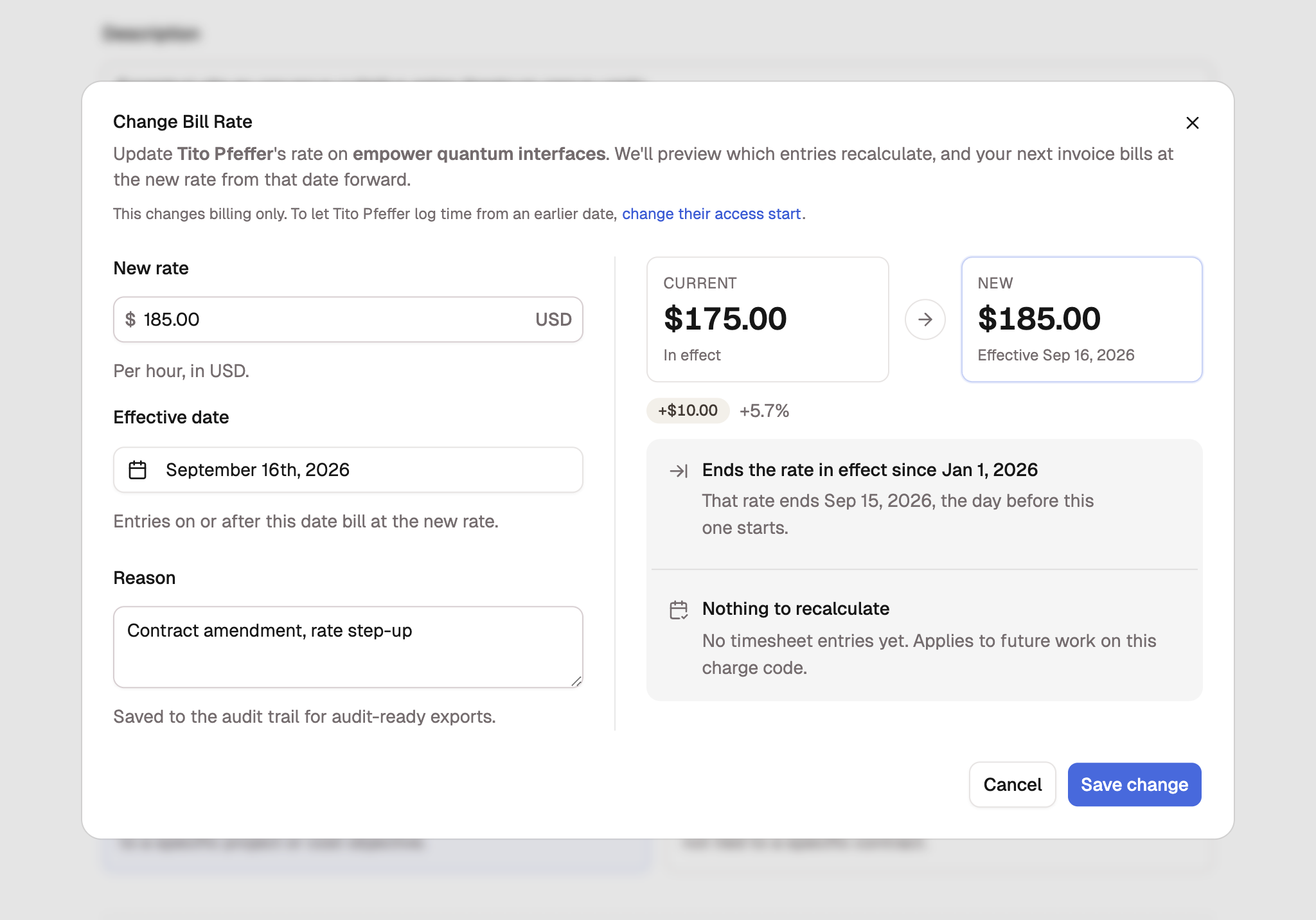 The Change Bill Rate dialog with a new rate of $185.00 effective September 16th, 2026, and a preview that says the rate in effect since Jan 1, 2026 ends the day before.