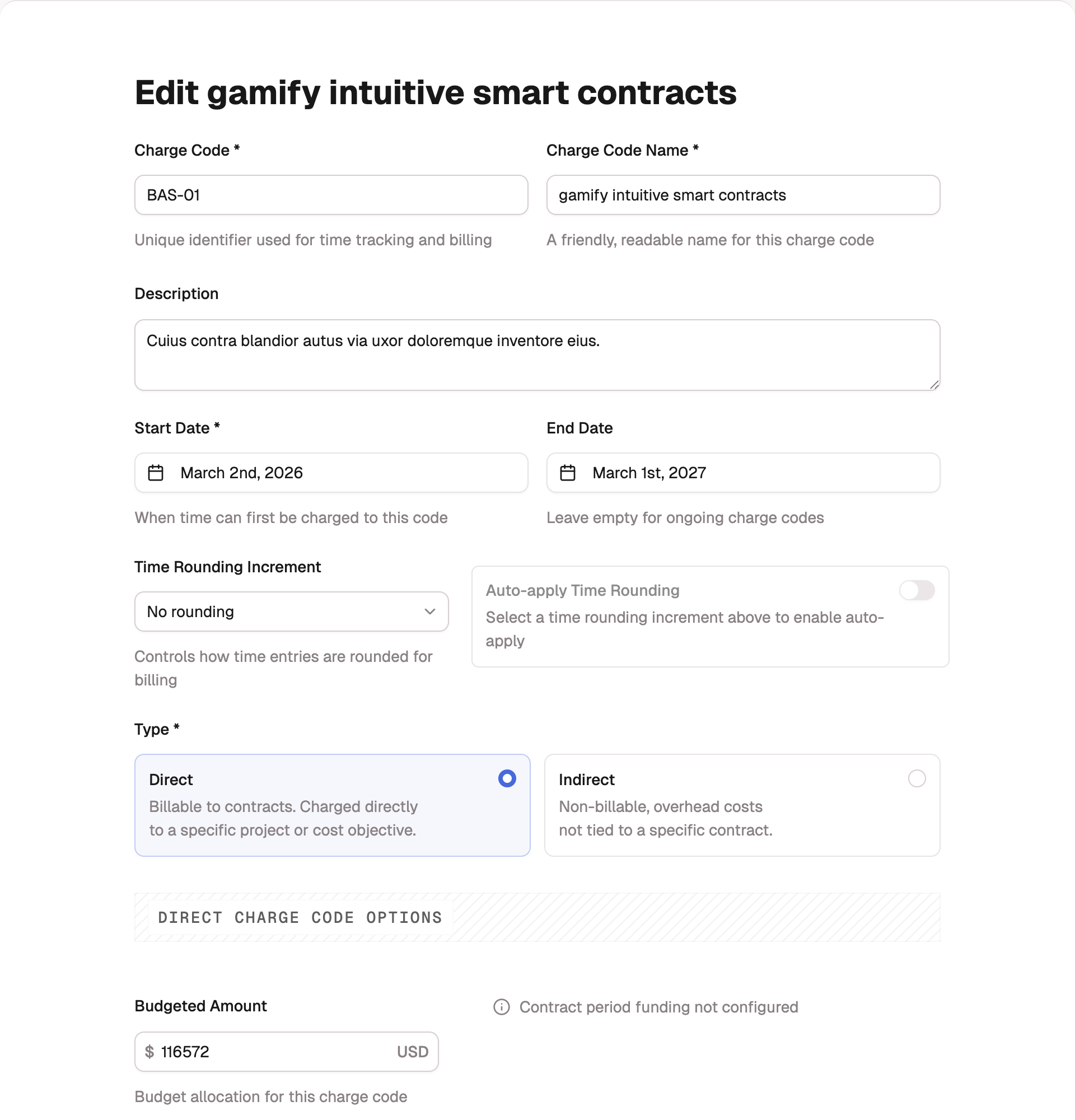 The charge code form: code, name, dates, time rounding, and the Direct / Indirect type selector.