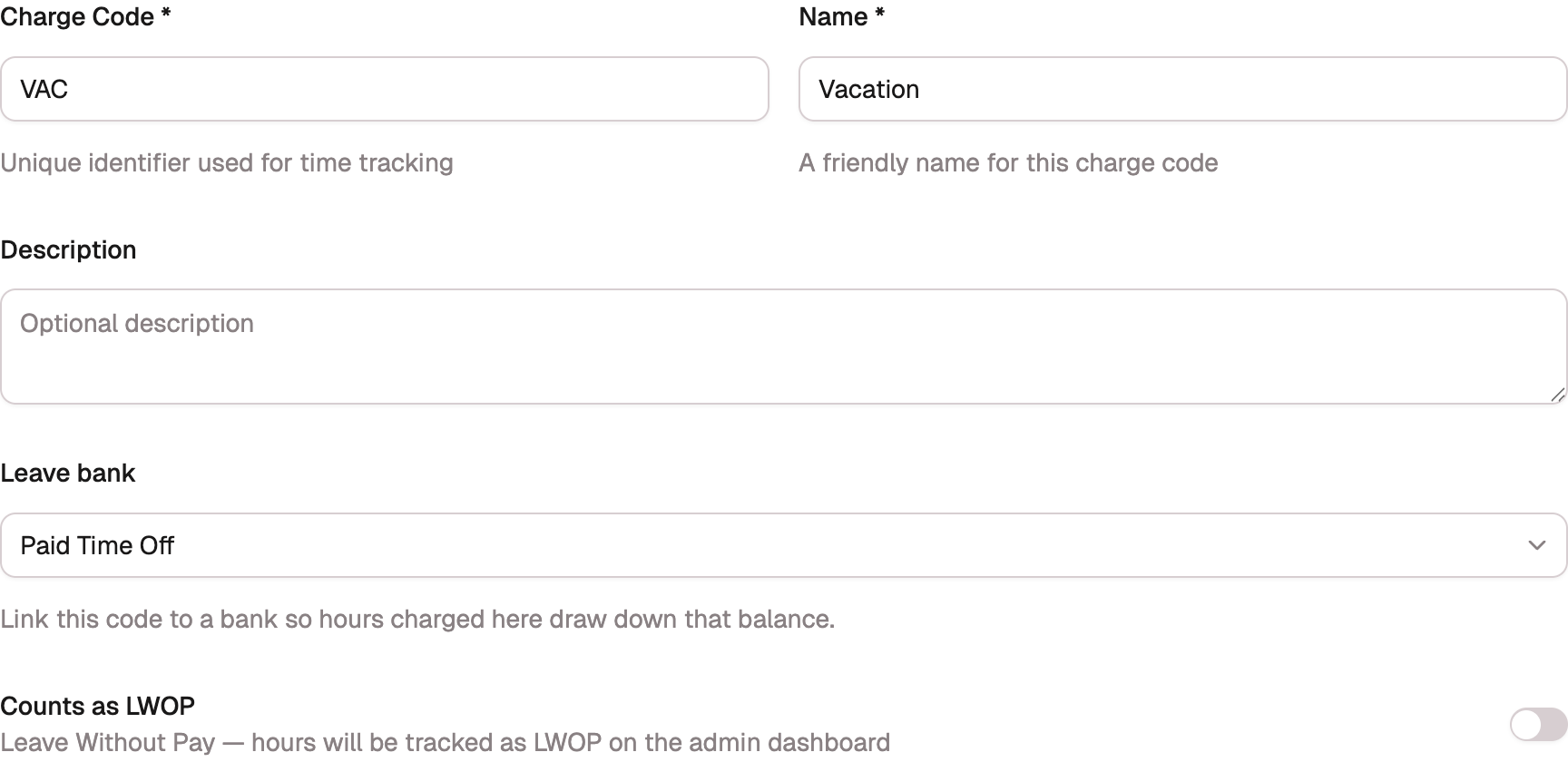 The indirect charge-code form with a Vacation code, the Leave bank field set to Paid Time Off, and the Counts as LWOP toggle.