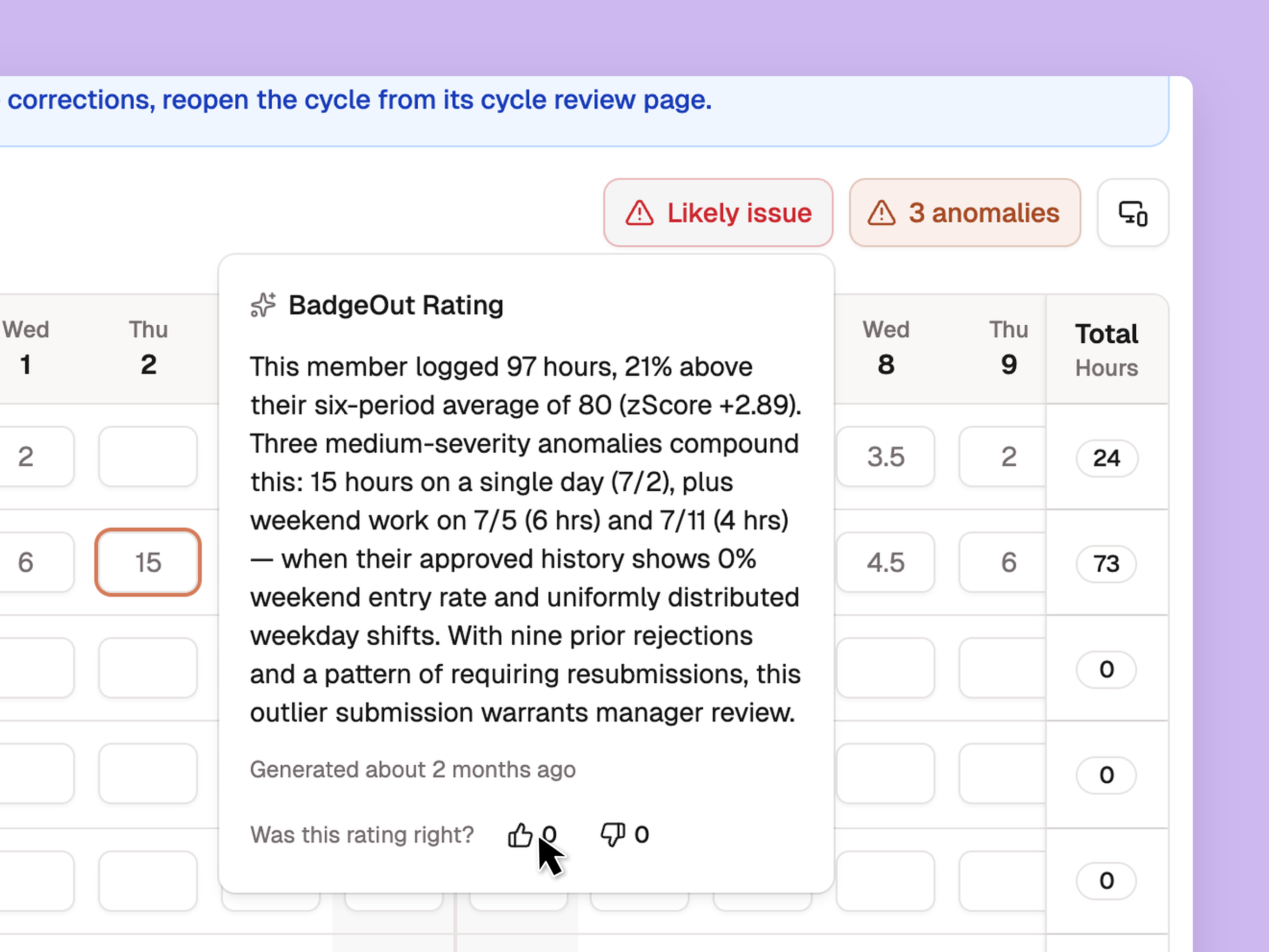 The timesheet review page with the Likely issue button open, showing the rating's reasoning, when it was generated, and a Was this rating right? prompt with thumbs up and down.