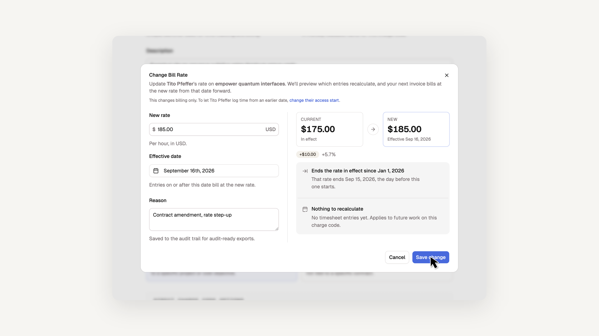 The Change Bill Rate dialog with a new rate of $185.00 effective September 16th, 2026, and a preview showing the rate in effect since Jan 1, 2026 ending the day before.