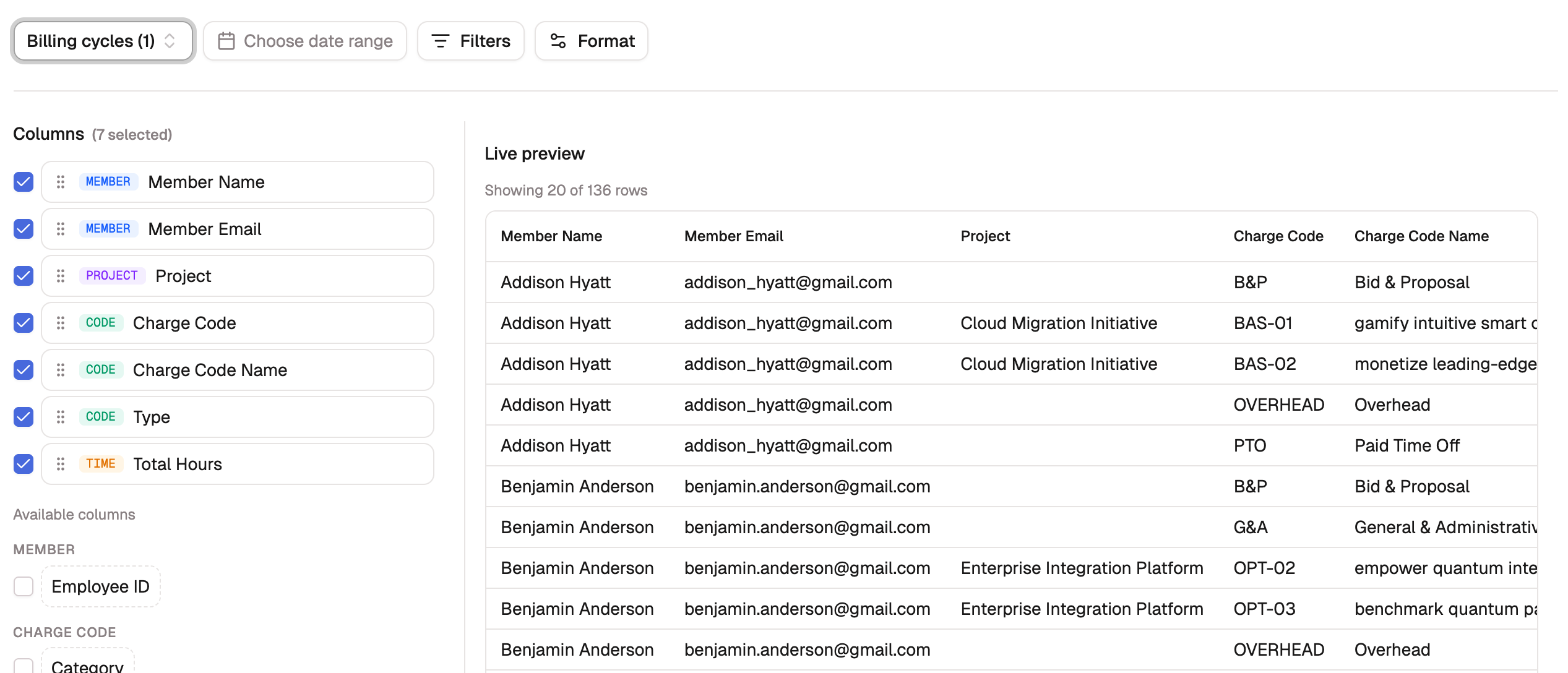 The table report builder: a Columns panel, the Billing cycles, date range, Filters, and Format controls, and a Live preview.