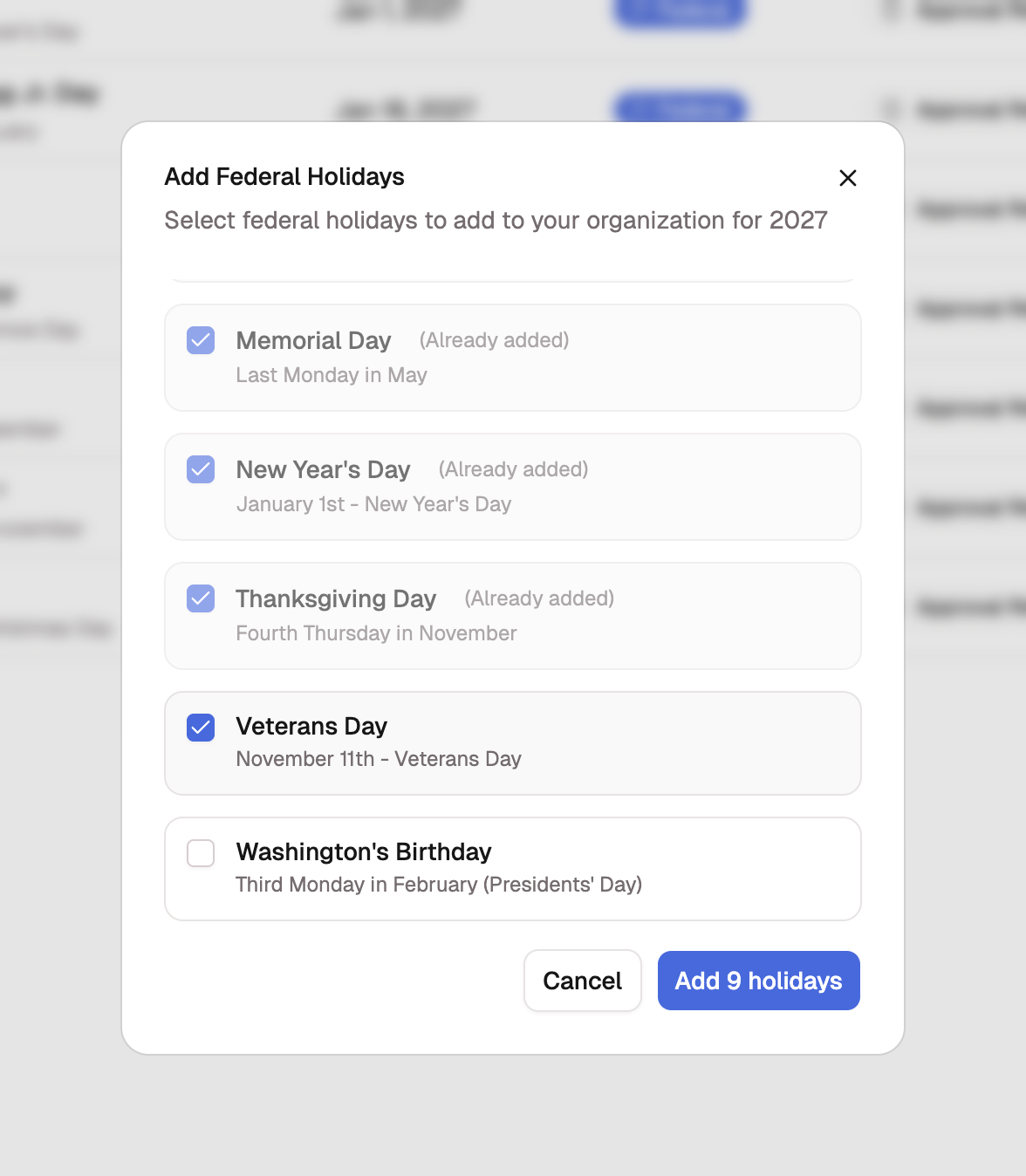 The Add Federal Holidays dialog with several holidays checked and one dimmed as already added.