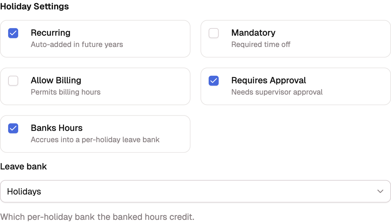 The Edit Holiday dialog's settings with Banks Hours enabled and the Leave bank set to a Holidays bank.