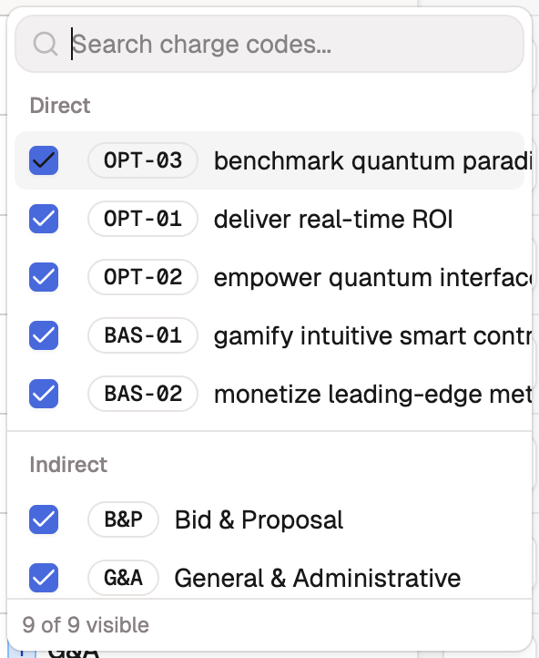 Filter menu open with a search box and charge codes grouped under Direct and Indirect.