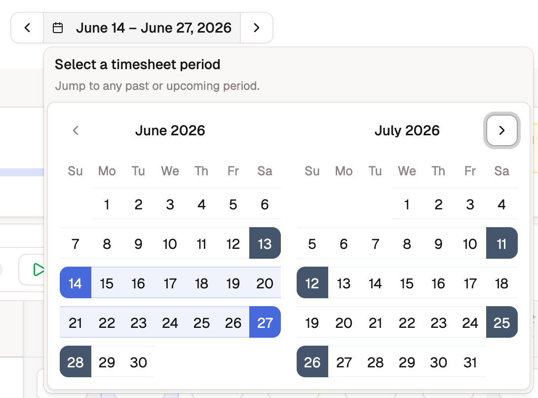 The period picker open from the period navigator, showing two months with the current pay period highlighted.