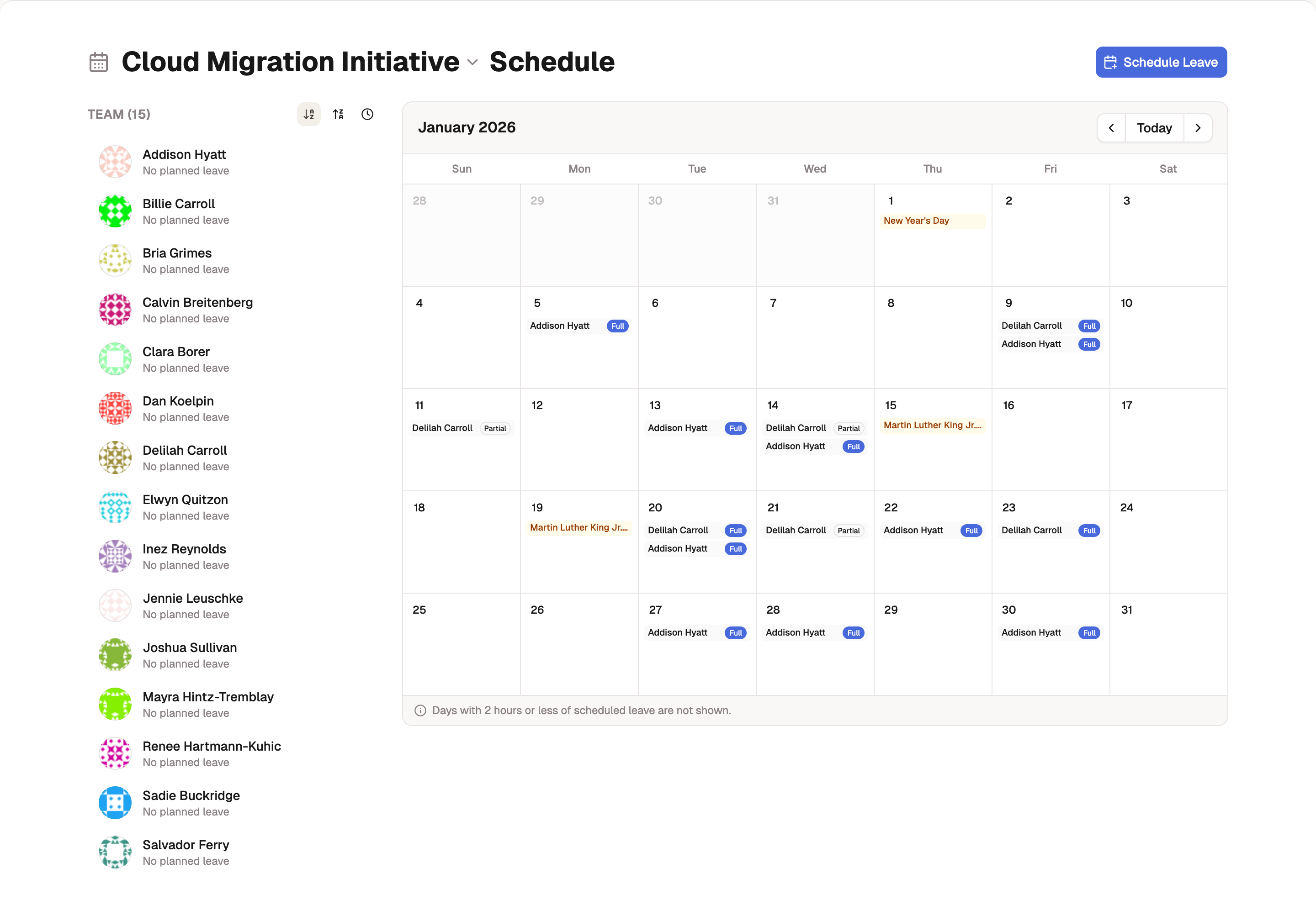The Team Schedule with a team member list on the left and a month calendar on the right, several people marked out and a holiday badge on one day.